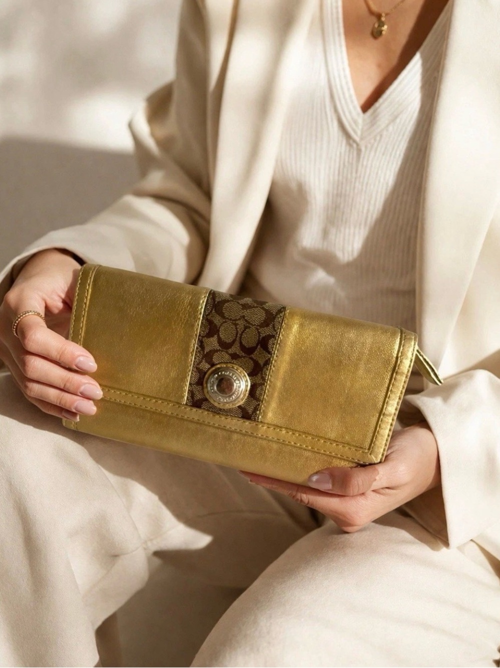 Coach Gold Metallic Signature Wallet Clutch Wristlet Card Holder Leather